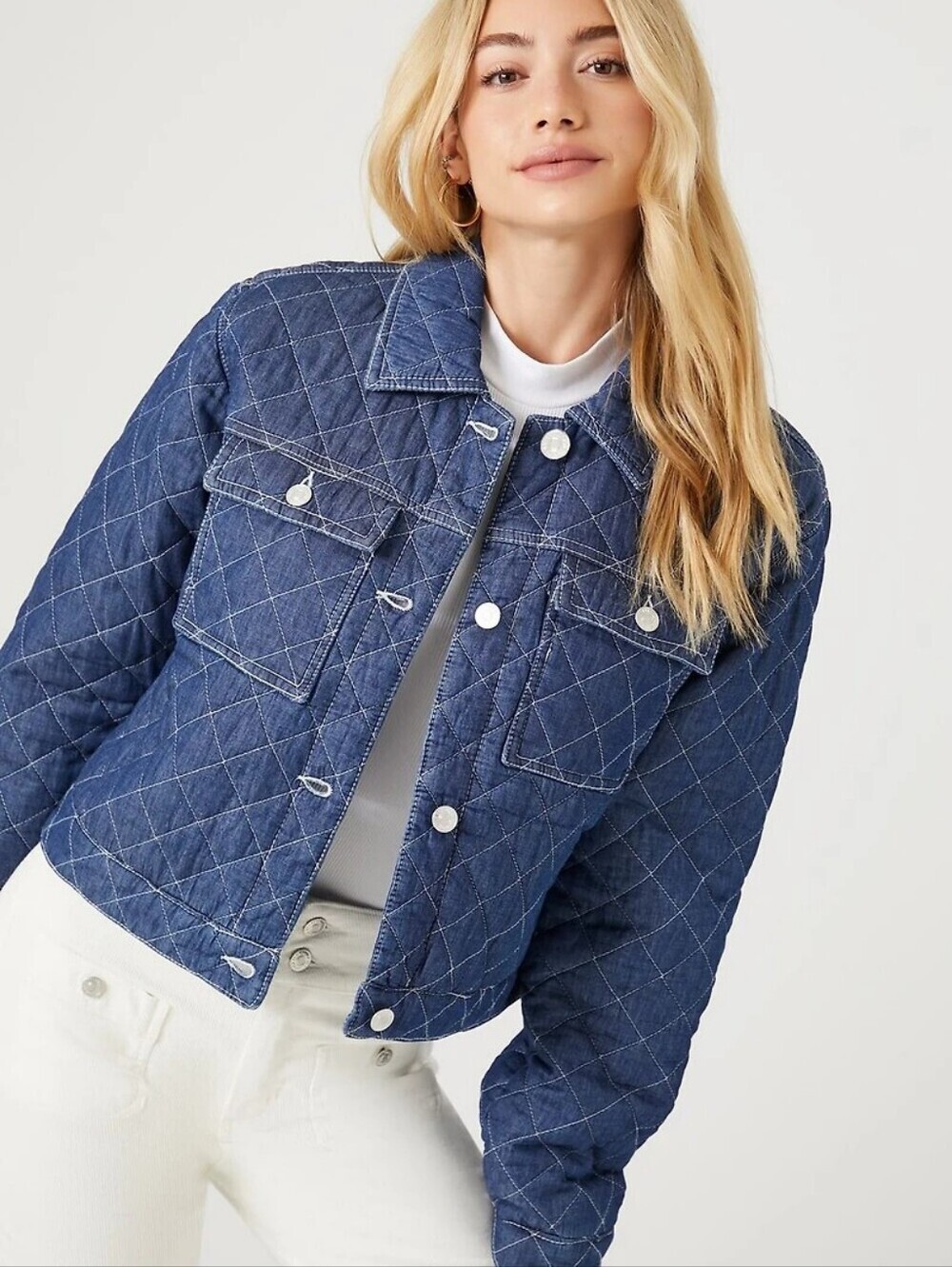 Forever 21 Quilted Denim Trucker Jacket - Blue Shell: 100% Cotton